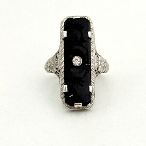 Antique Art Deco 14K White Gold Carved Onyx & Diamond Filigree Ring Size 2.75